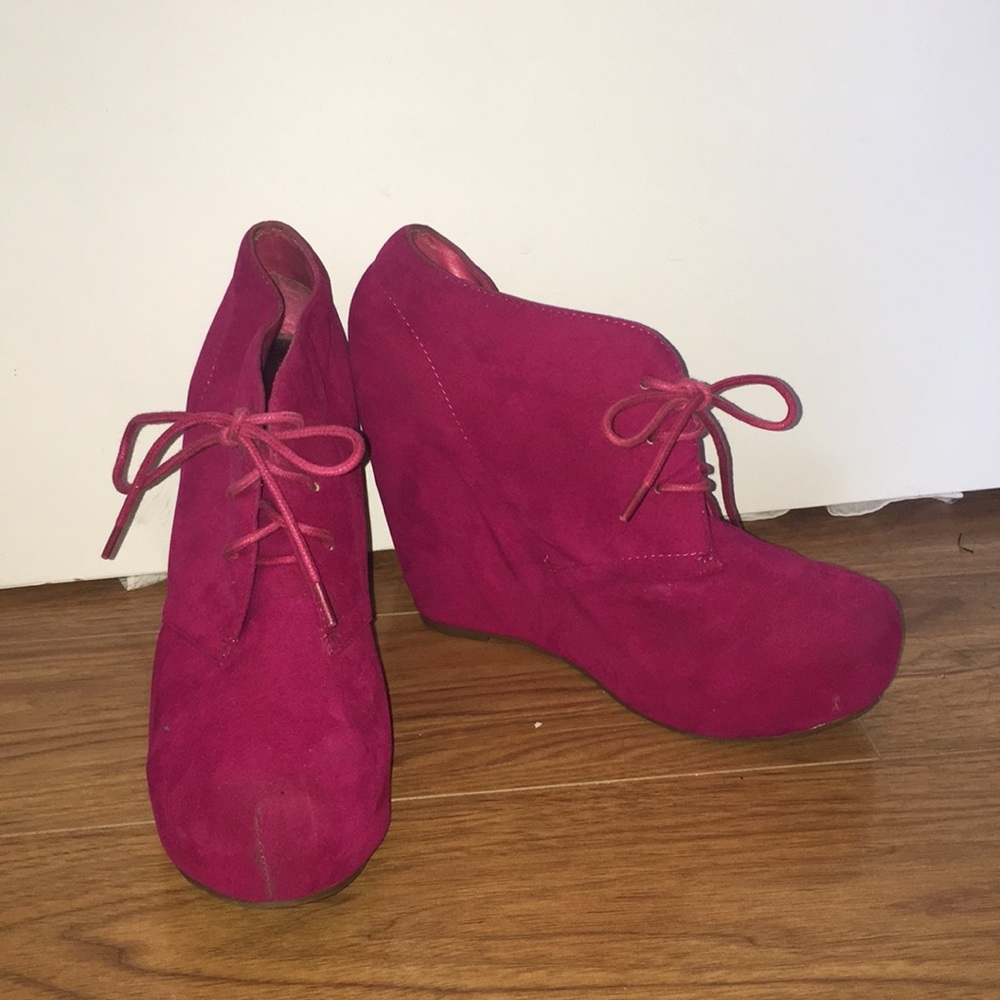 Hot pink lace up wedges